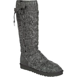 UGG Mahalya Heather Gray Cable Knit Weave with Ribbons Boots - size 11